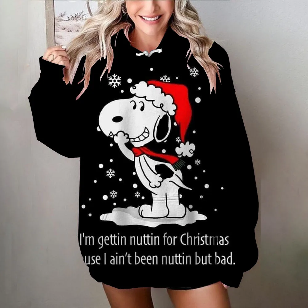 Women's Plus Size Christmas Snoopy print Hoodie Pullover with Contrasting Snowflake Pattern All-Season Stylish Sweatshirt