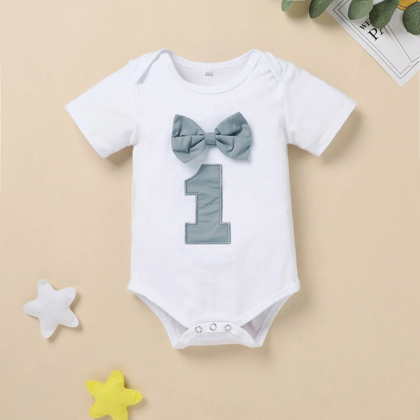 Baby Boy Clothing One Year Infant Baby Boy Bow Tie Romper Bodysuit Funny First Birthday Clothes Outfits Set Baby Kleding Jongen