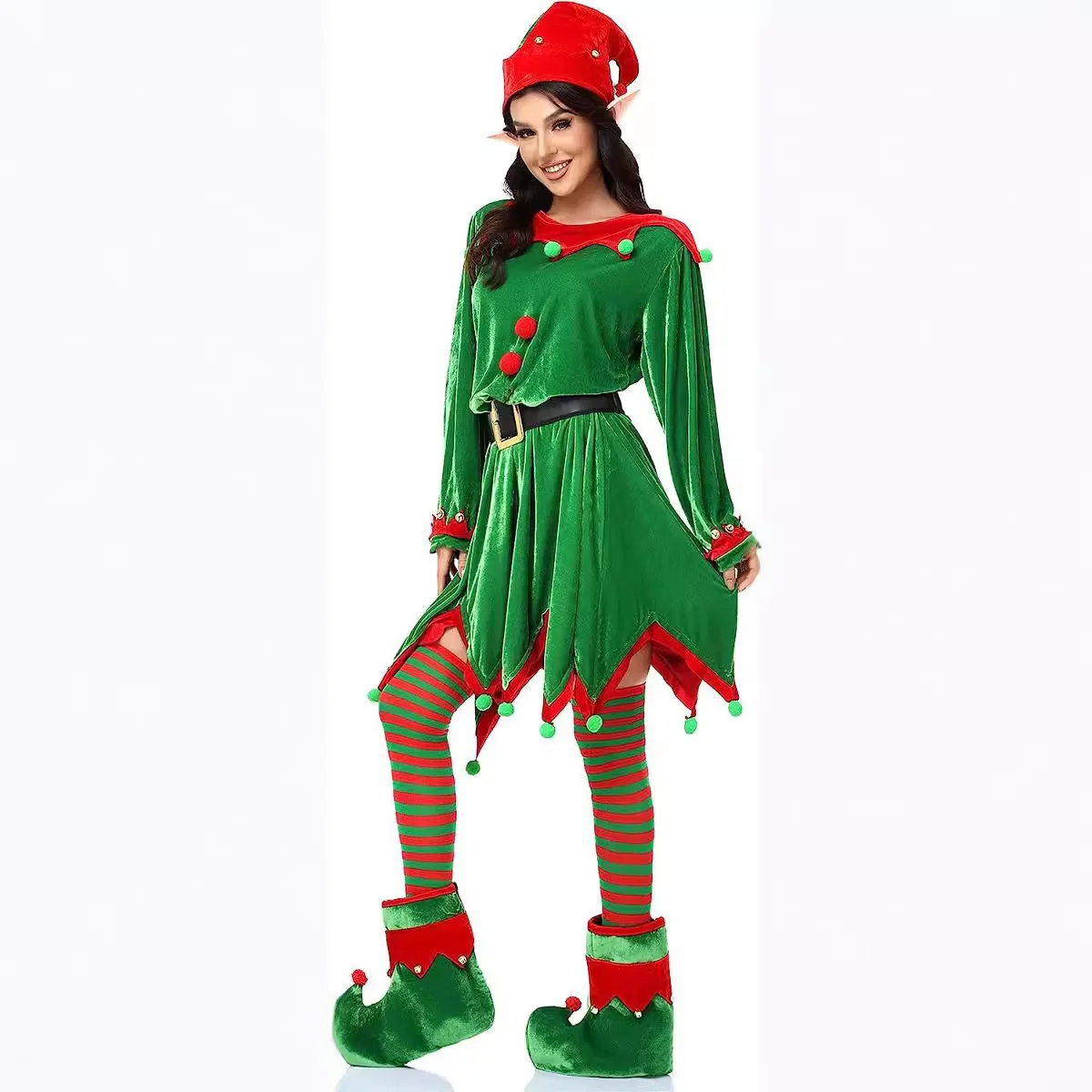 

Adult Women Green Elf Cosplay Dress Christmas Santa Claus Costume Carnival Chivalry New Year Girls Performance Outfits