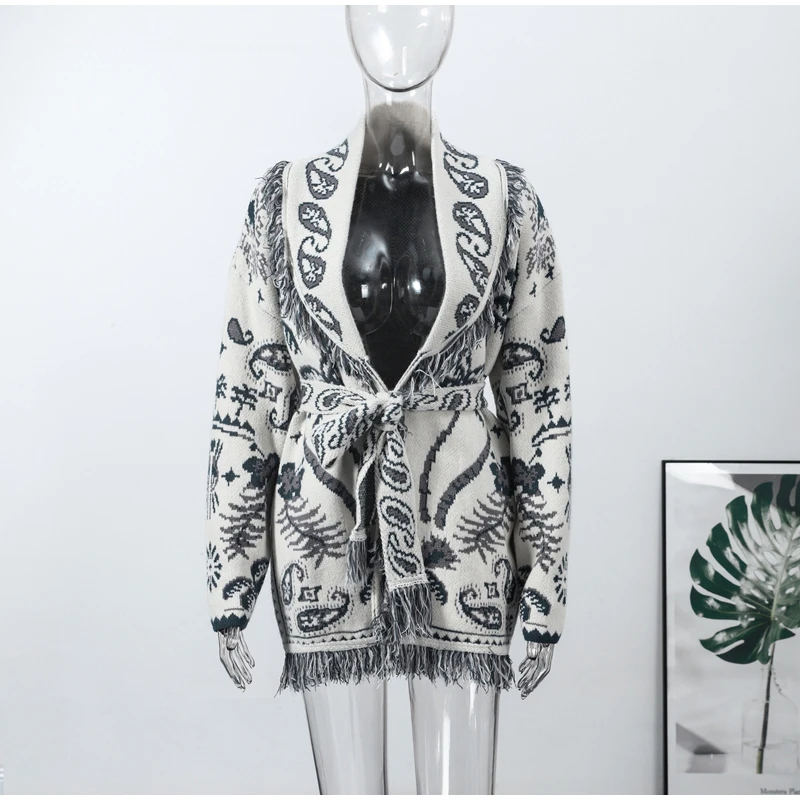 Knitted Jacquard Tassels Patchwork Cardigans Women Sweaters Long Sleeve V-neck Thicken Vacation Sweater 2025 Autumn Coats Tops