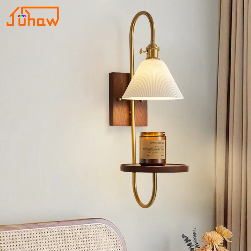 

New Wabi-Sabi Wall Lamp American Vintage Glass Lampshade Creative Shelf for Living Room Sofa Background Bedroom Bedside Lighting