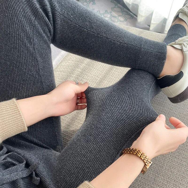 100% Cashmere Slim Leggings Women High Waist Casual Trousers Knitted Ribbed Thicken Elasticity Thermal Ankle-Length yoga Leggins