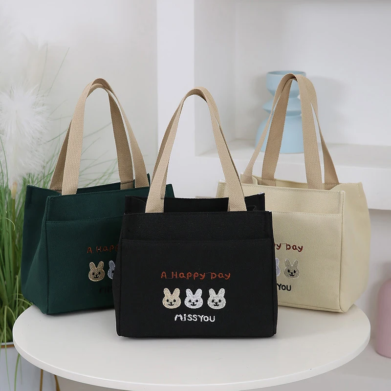 Cartoon Simple Rabbit Pattern Printed Canvas Handbag Office Worker Lunch Tote Bag Storage Bags