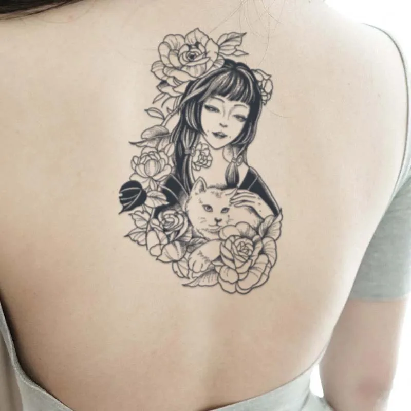 Geisha and Kitten, Lasting 1-2 Weeks Waterproof, Temporary Tattoo Stickers, Realistic Semi-Permanent Fake Tattoos for the Back