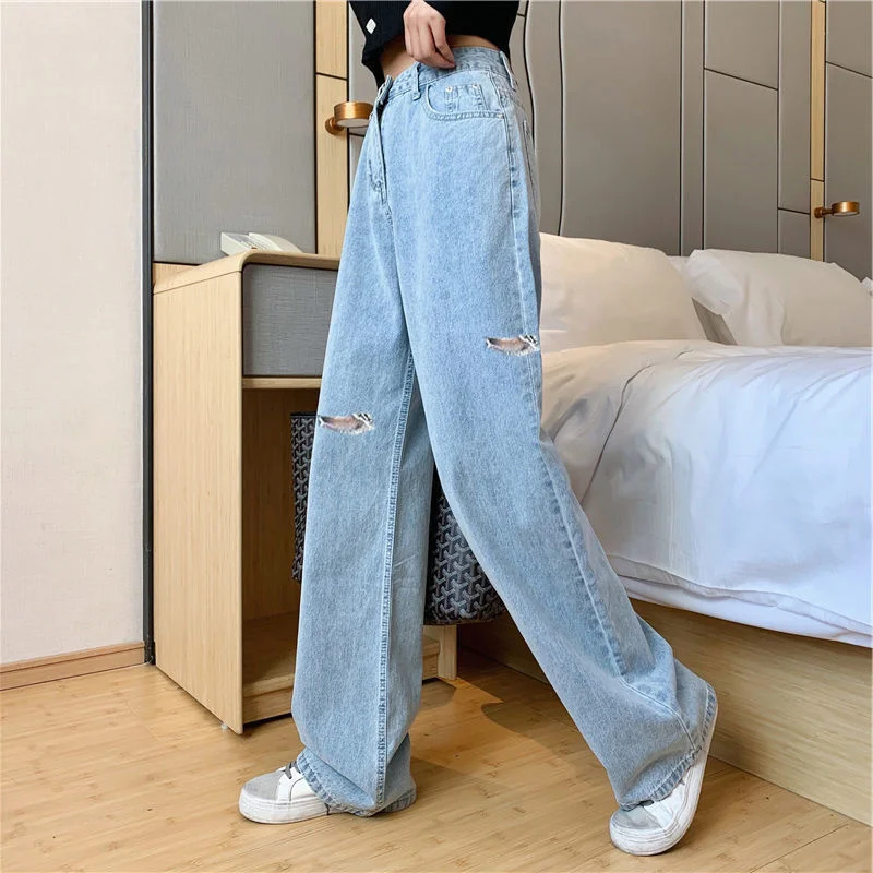 

Women's Wide Leg Jeans Korean Fashion Autumn Loose High Waist Trousers High Street Straight Blue Ripped Hole Baggy Denim Pants