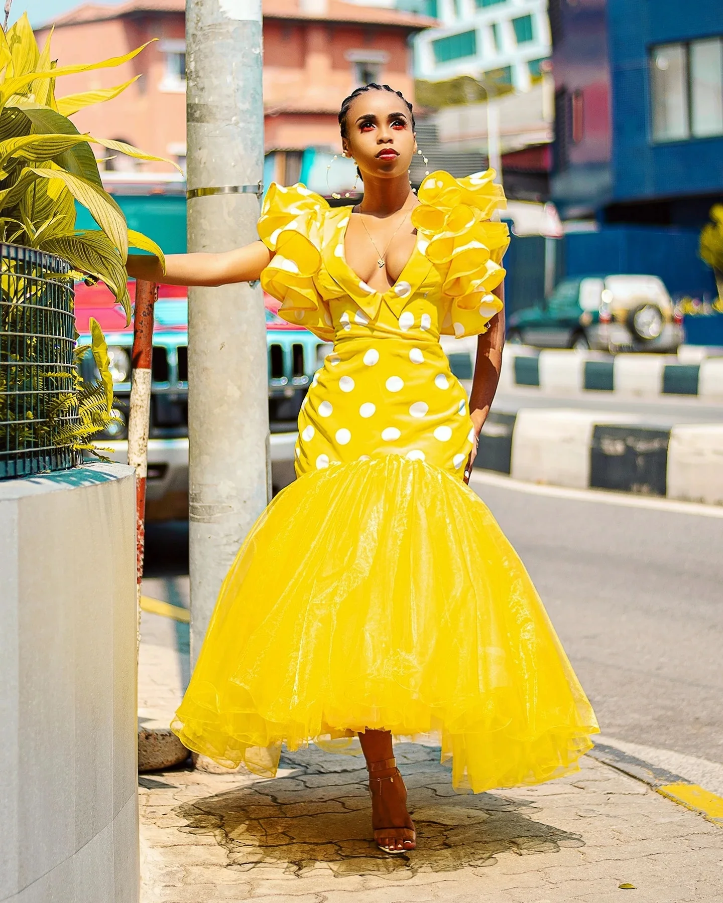 Fashion Yellow Gold Mermaid Women Maxi Dresses Ruffles Sleeves Dots Fabric Deep V-neck Ankle Length African Gowns