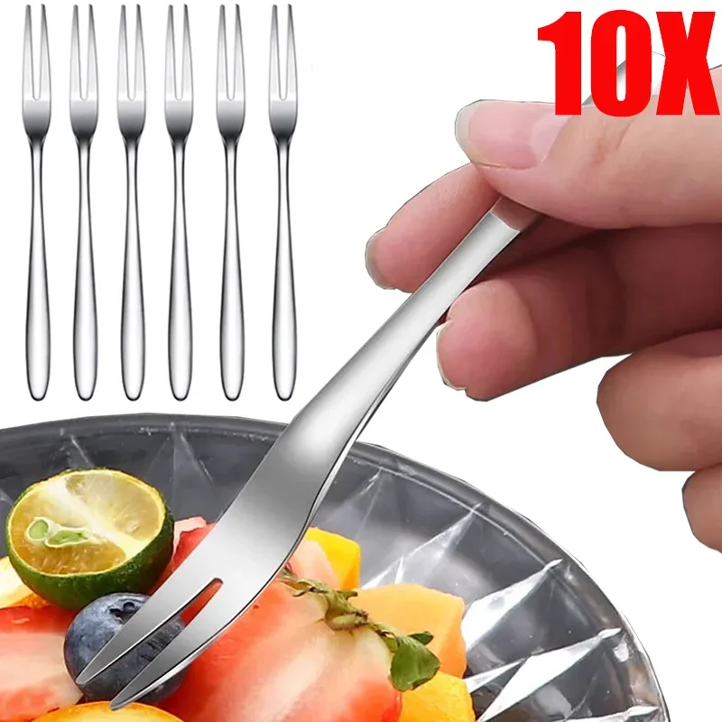 1/10Pcs Stainless Steel Fruit Fork Mini Cake Dessert Fork Candlelight Western Food Mini Fork Home Kitchen Cutlery Accessories