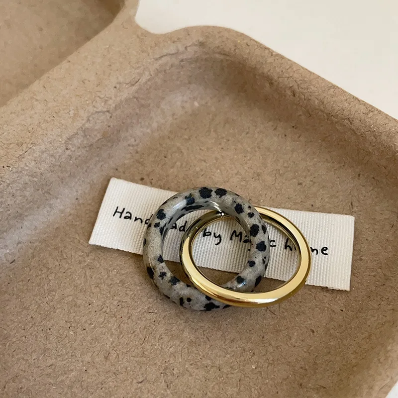 Minar INS Fashion Double Layers Spotted Natural Stone Metal Round Circle Cocktail Rings for Women Gold Plated Alloy Finger Ring