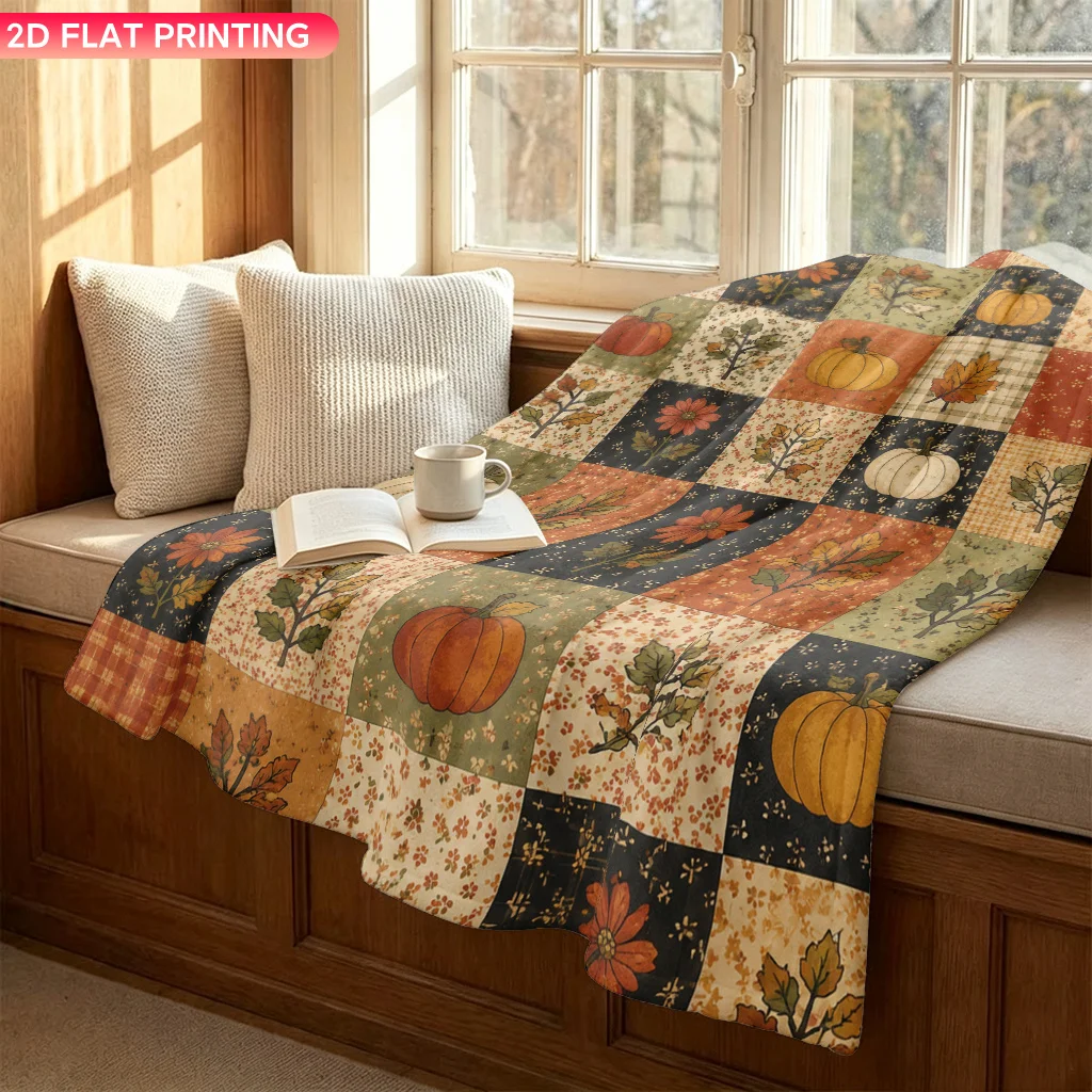 One Flannel Blanket, Featuring a Patchwork of Autumn Pumpkins and Leaves. Soft Air-conditioning Blanket, Office Sofa Throw, Nap