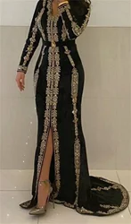 Customized Wedding Dress V-Neck Long Sleeves Gold Appliqué Lace Belt Pearl Crystal Black Elegant Muslim Evening Dress Moroccan