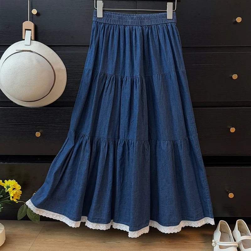 2025 primavera verão saia jeans de cintura alta para mulheres estilo francês chique rendas retalhos saias linha a versátil retro azul saias