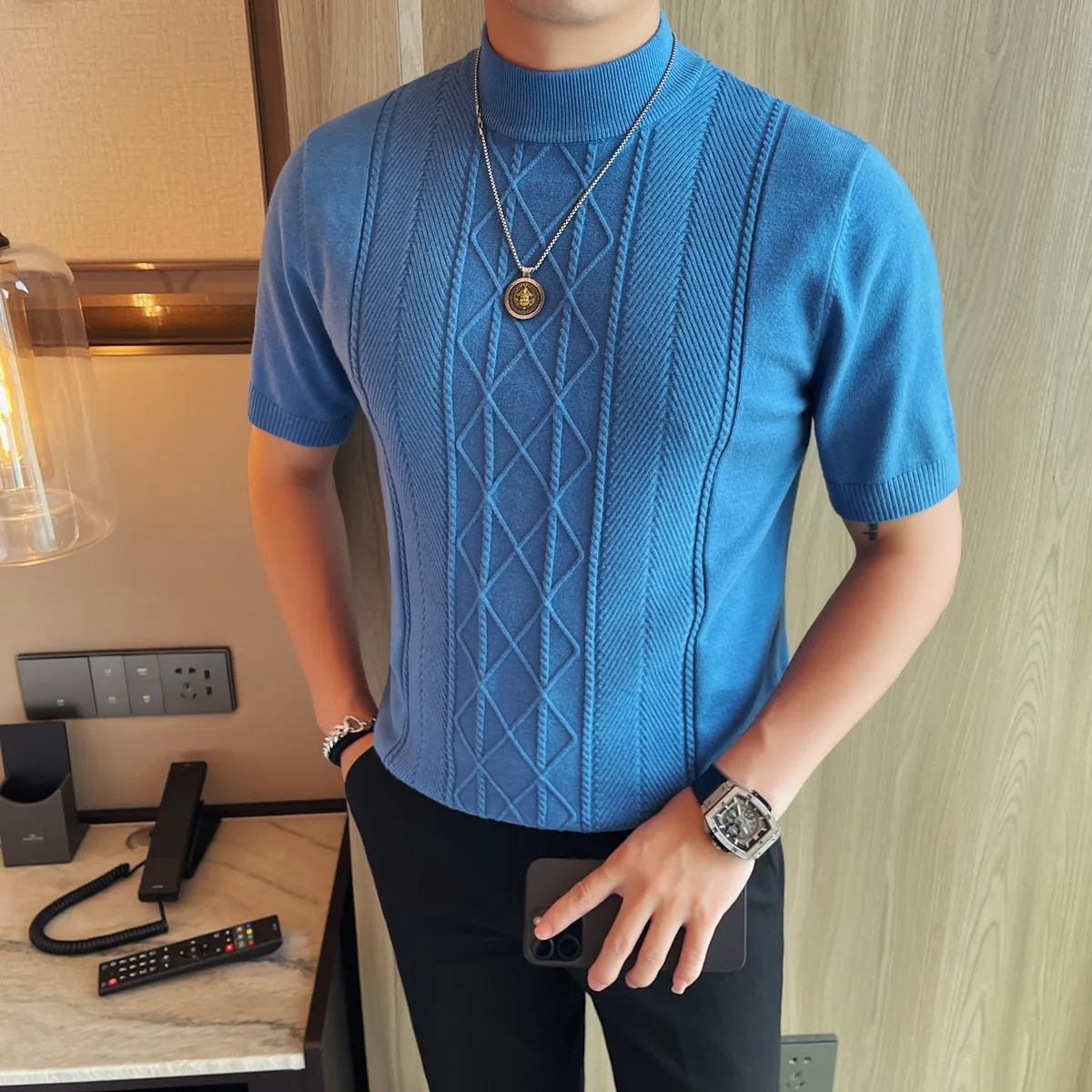 Autumn Winter Jacquard Knitted Short Sleeve Sweater Men Half High Collar Versatile Casual Business Knitted Sweaters Men Clothing