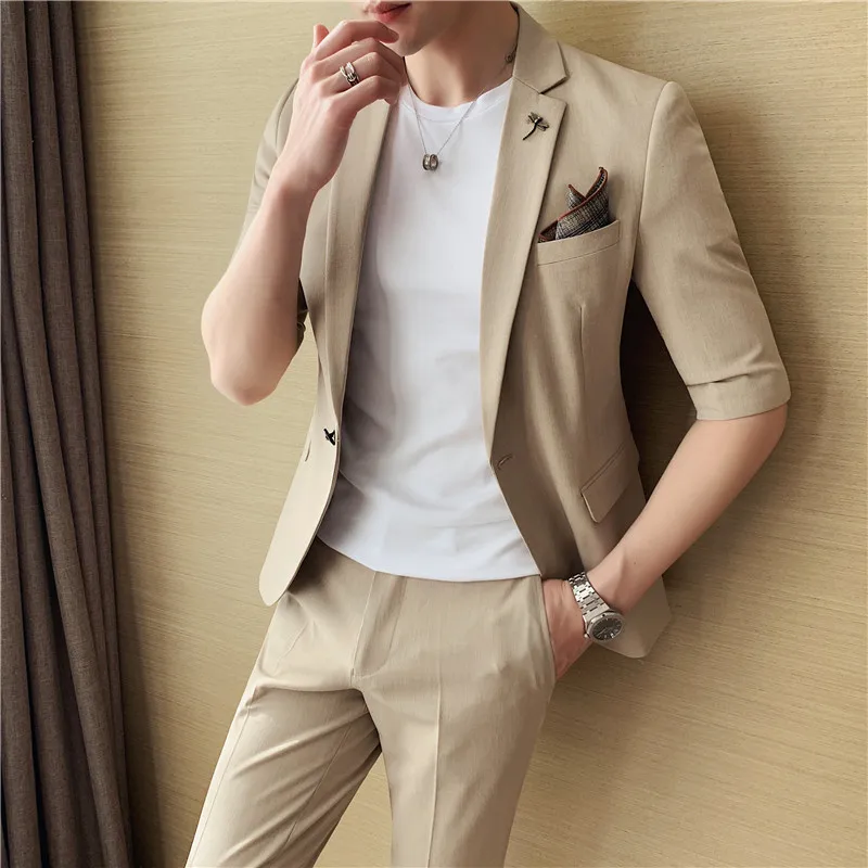 

2024 Summer Fashion Slim Solid Color Mid-sleeve Suit High Quality Korean Blazers Match Pant Men Formal Office Party Tuxedo Suits