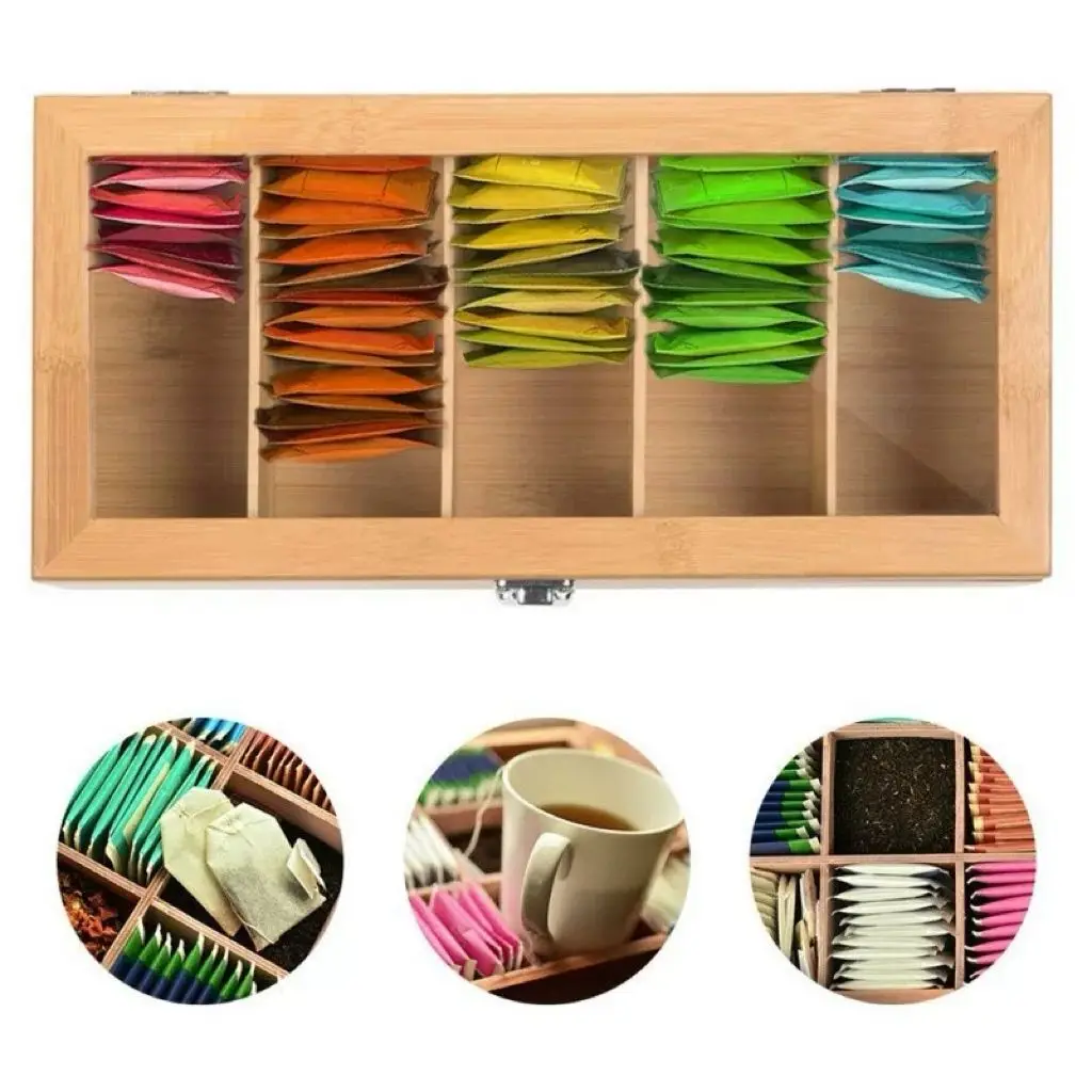 5 Slots Bamboo Tea Box Storage Organizer,Holds Tea Bags and Tea Accessories,Tea and Coffee Condiment Storage Organizer,Tea Bar