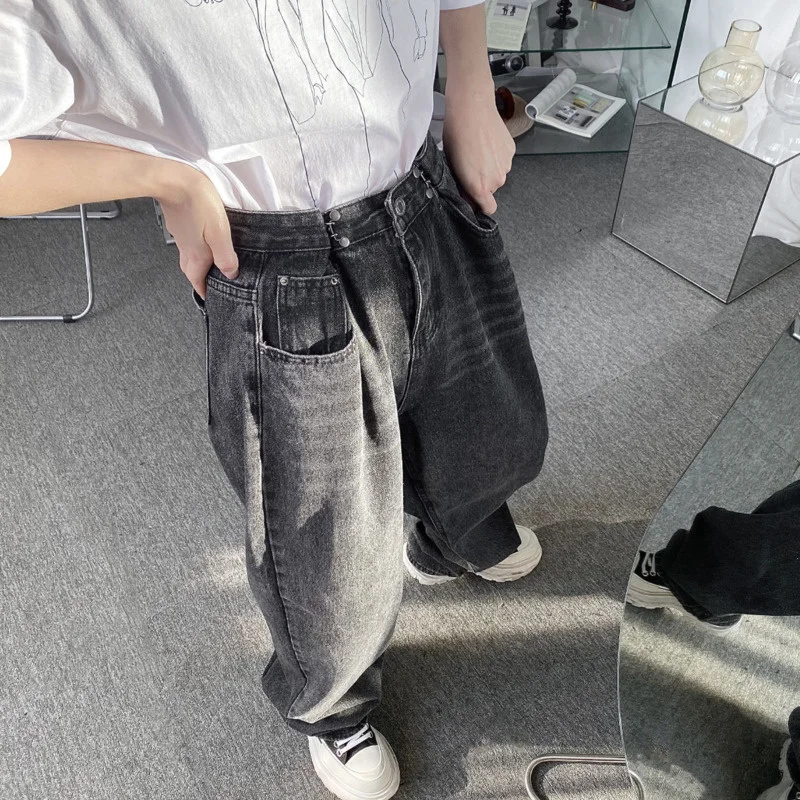 Spring 2022 New Korean Small High Waist Wide Leg Jeans Men's Dad Pants Loose Casual Black Denim Trousers Male Vintage Y5253