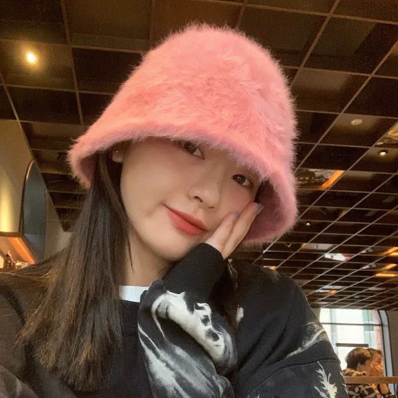 New Fashion Artificial Rabbit Fur Bucket Hat Women Autumn Winter Warm Thickened Fisherman Hat Panama Plush Basin Hat Lady Cap