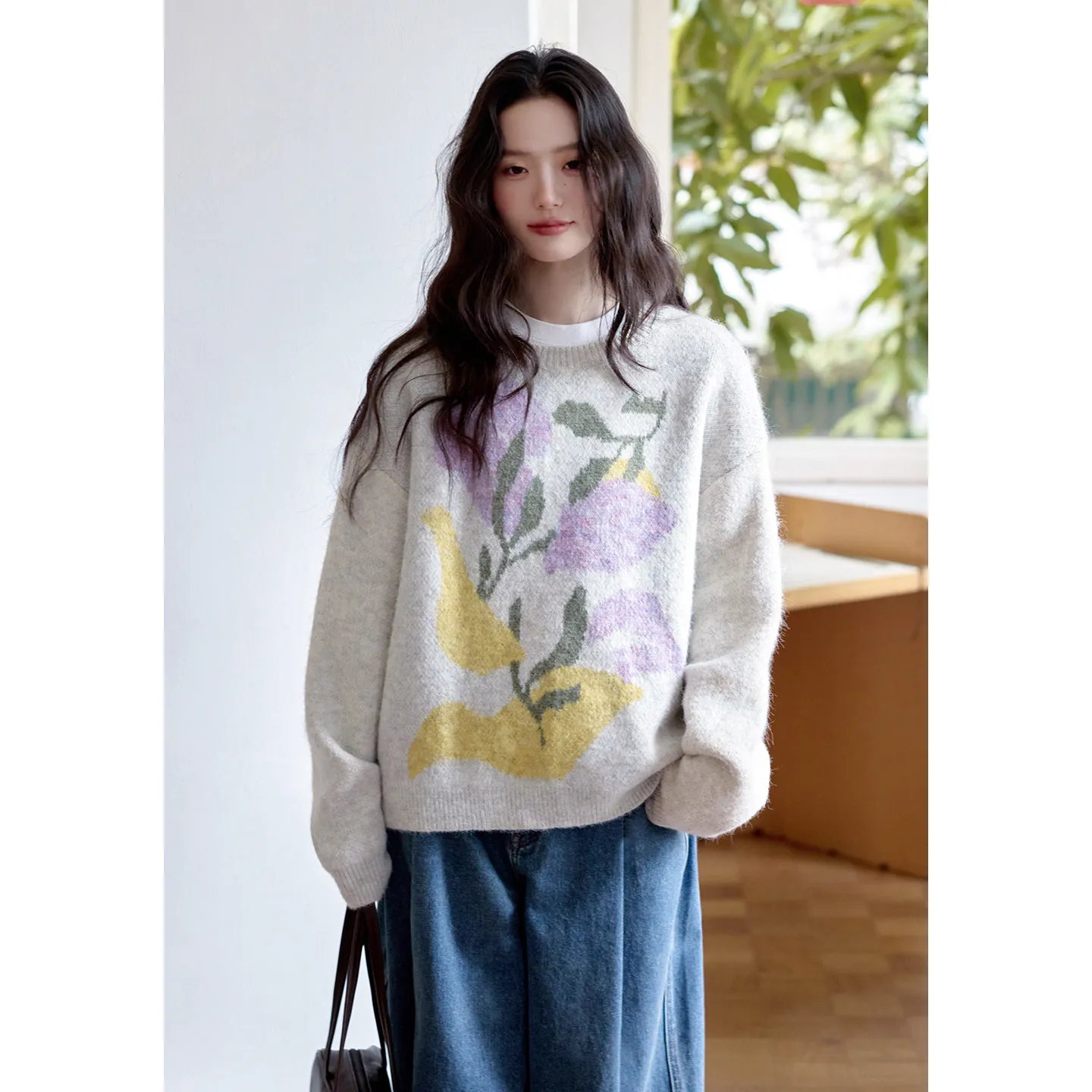 Light grey leisure art flower color matching Jacquard pure cashmere warm winter female pullover sweater