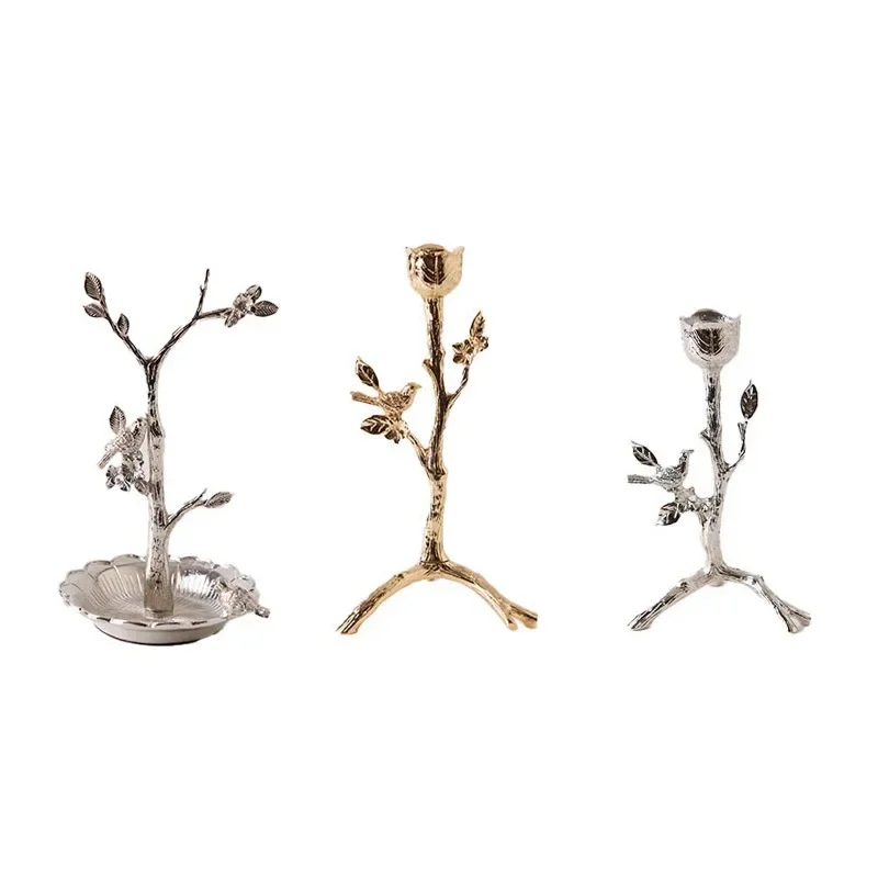 Creative light  gold silver bird branch candle holder jewelry plate leaf plate high-end metal photo frame decorative ornam