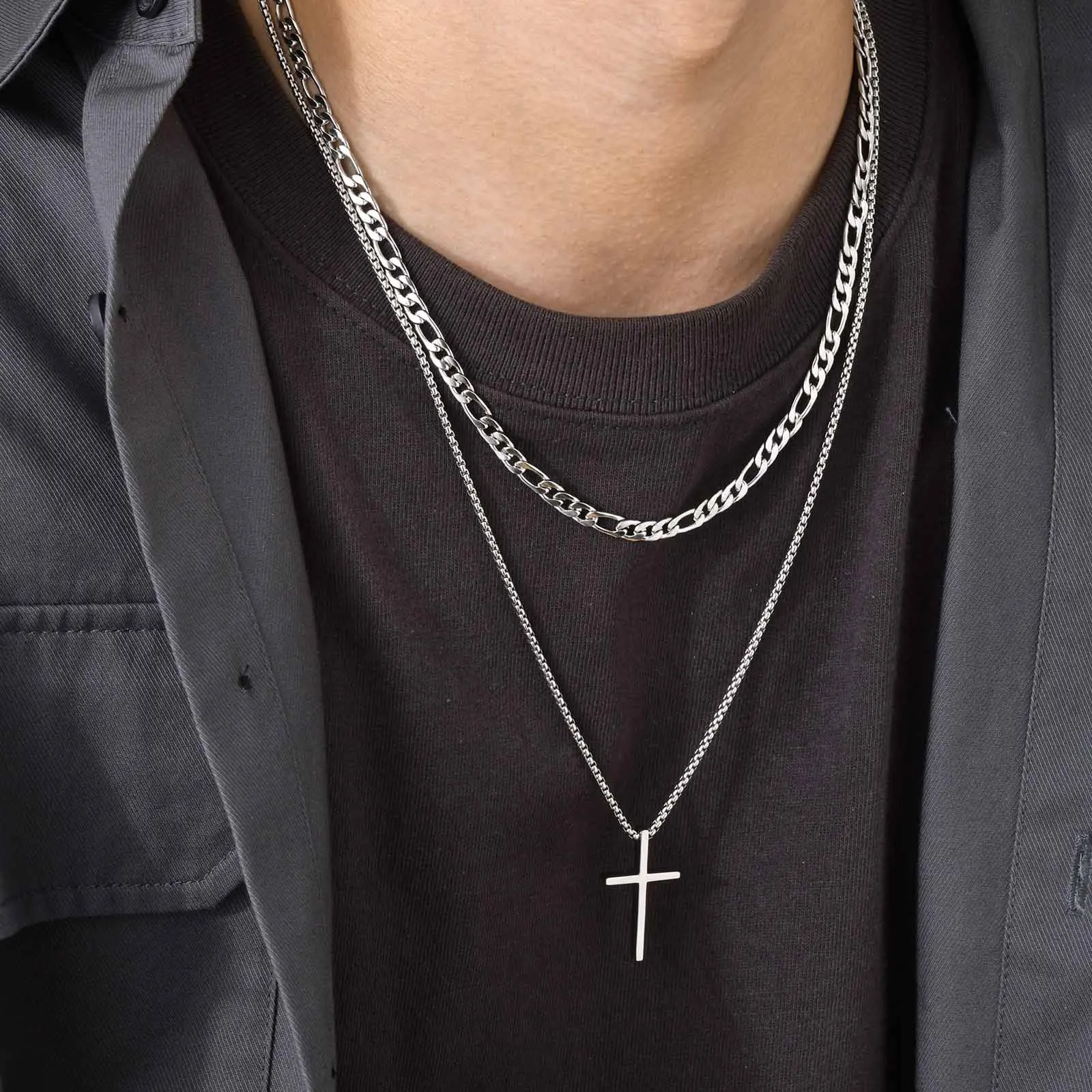 Stacked Cross Necklace for Men Boys,Waterproof Stainless Steel Pendant Necklaces,Trendy Prayer Collar Sets Jewelry