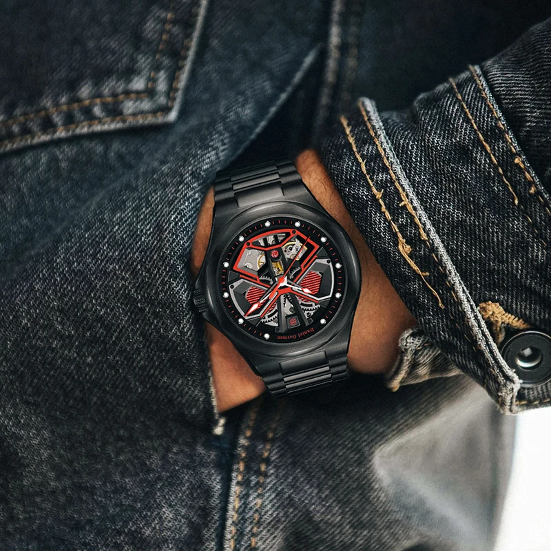 

Factory Wholesale Men's Sports Quartz Watch Luminous Skeleton Mechanical Design Stainless Steel Band Waterproof Analog Display
