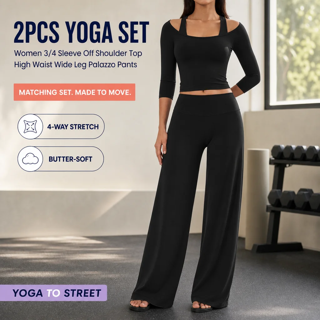 2PCS Yoga Set Women 3/4 Sleeve Off Shoulder Top High Waist Tummy Control Wide Leg Palazzo Pants Fitness