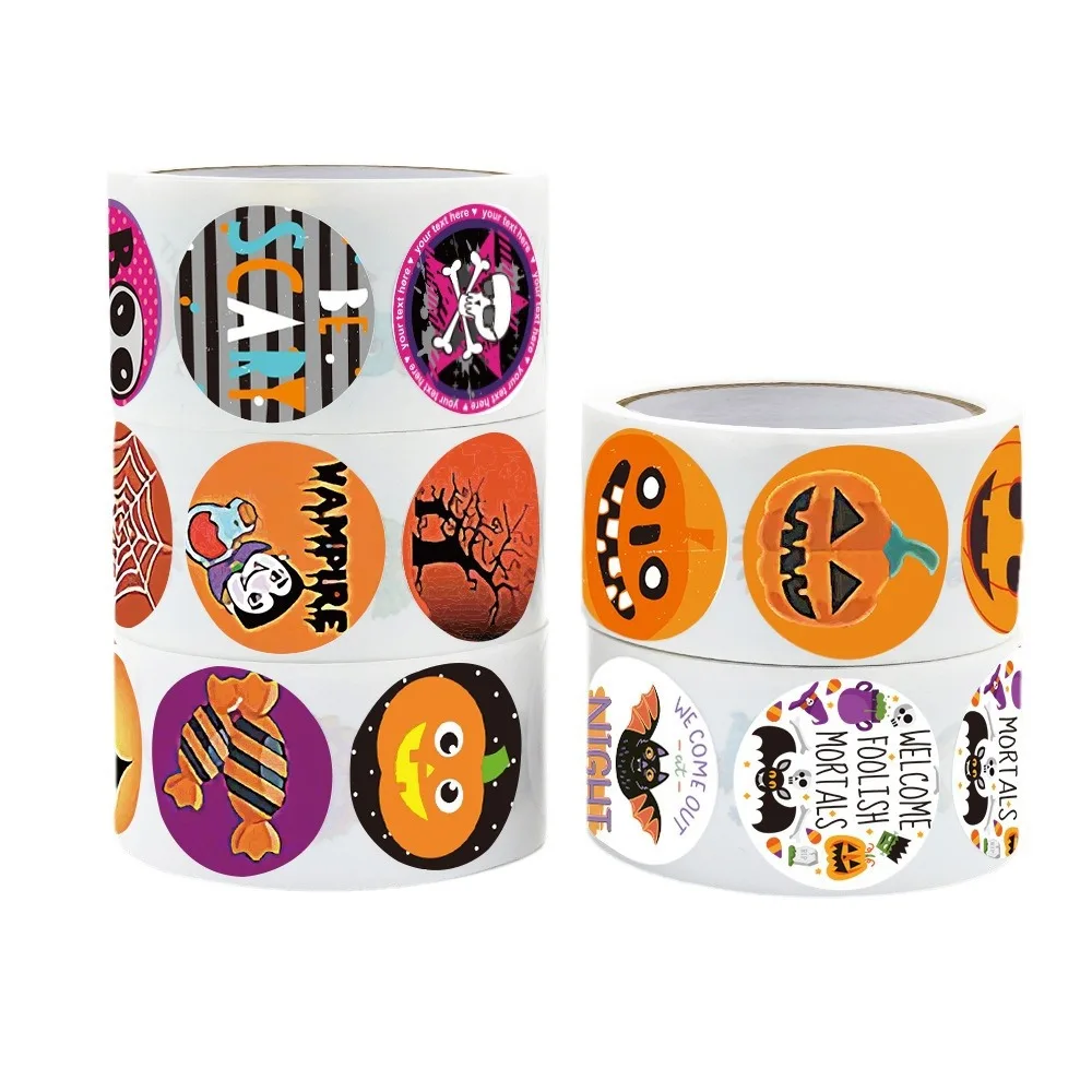 Rouleau d'autocollants Halloween-5 rouleaux 1000 pièces autocollants fantôme citrouille rond Halloween, autocollants chat chauve-souris araignée pour décoration de fête