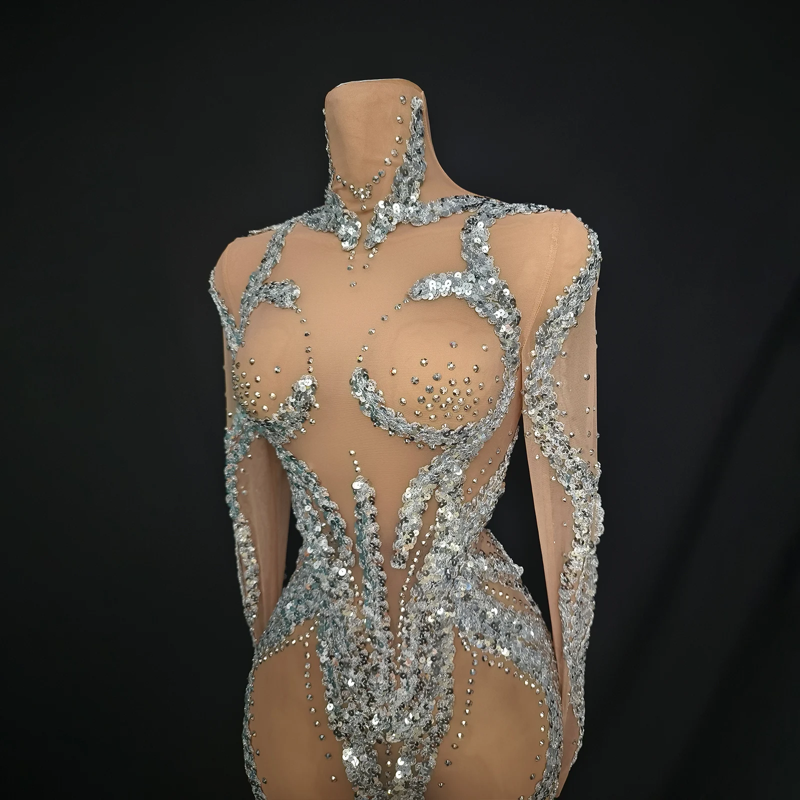 ชุดนักร้องนักเต้นแขนยาวผ้าตาข่ายซีทรูประดับเลื่อมวิบวับและคริสตัล สำหรับการแสดงบนเวที ชุดแดร็กควีน