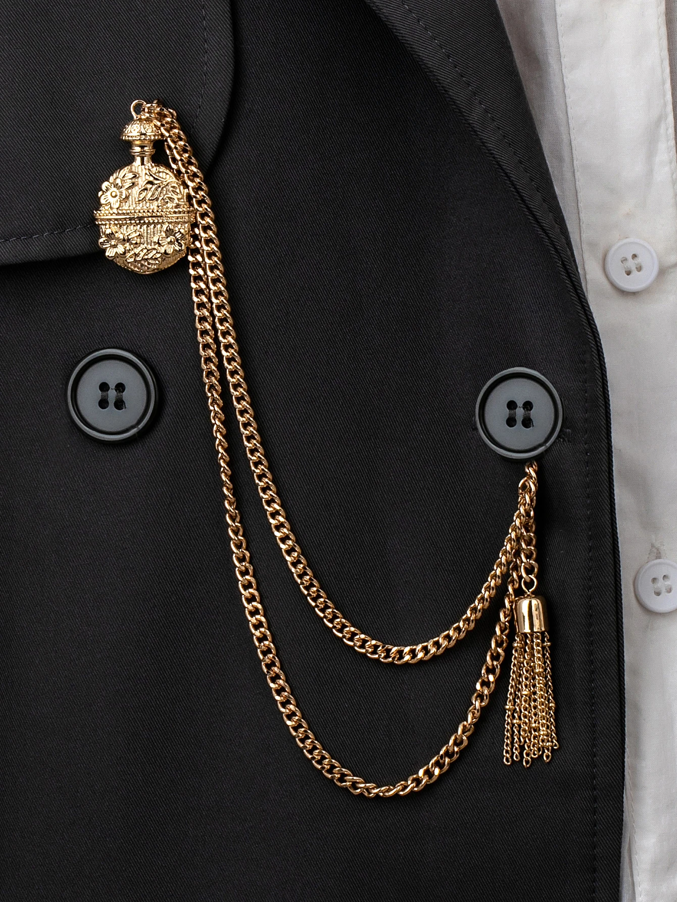 1 corrente de relógio de bolso dourado estilo vintage, pingente de frasco de perfume esculpido com design de decoração de borla, adequado como acessório moderno para camisas, coletes e ternos masculinos e femininos