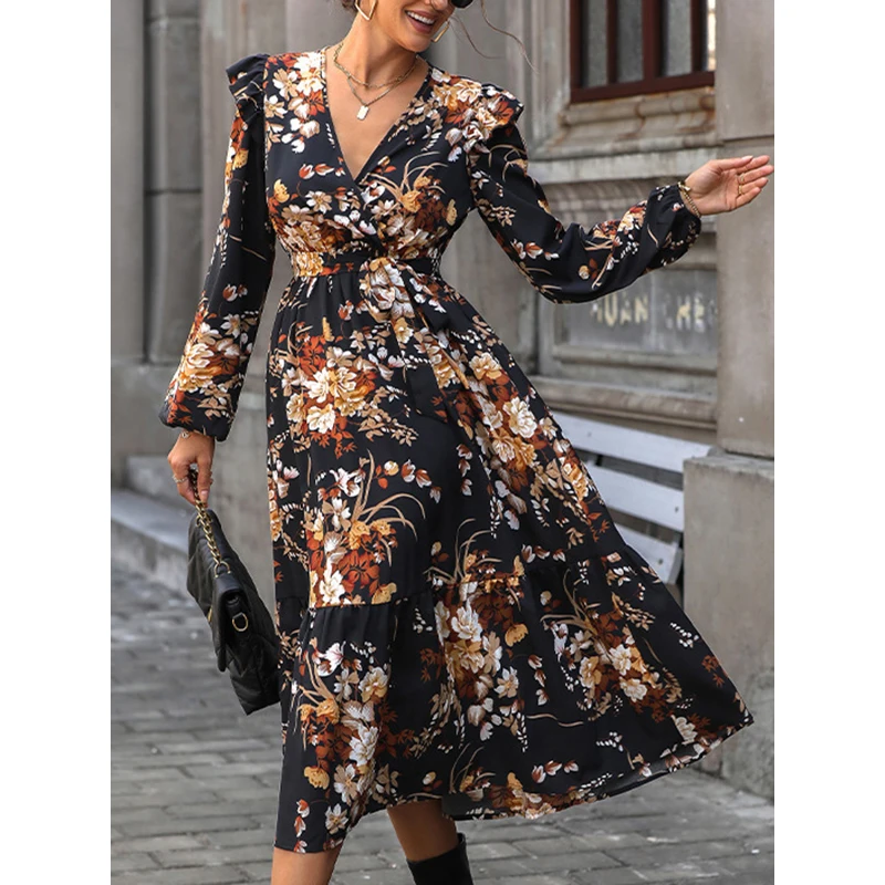 Krisnanas 2024 Fashion Women's Tied Waist Split-Joint Pleated Flower Print Puff Sleeves Loose V-Neck Shirt Dress Midi Dresses