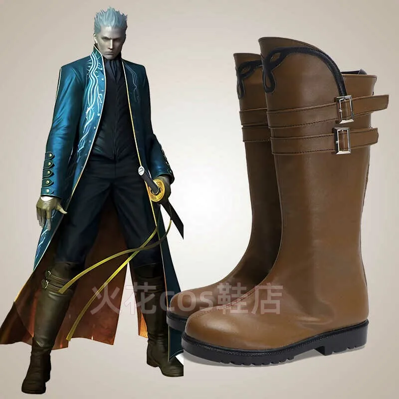 Anime Devil May Cry Vergil Cosplay Shoes Brown Medium-Long PU Leather Boots For Halloween Carnival