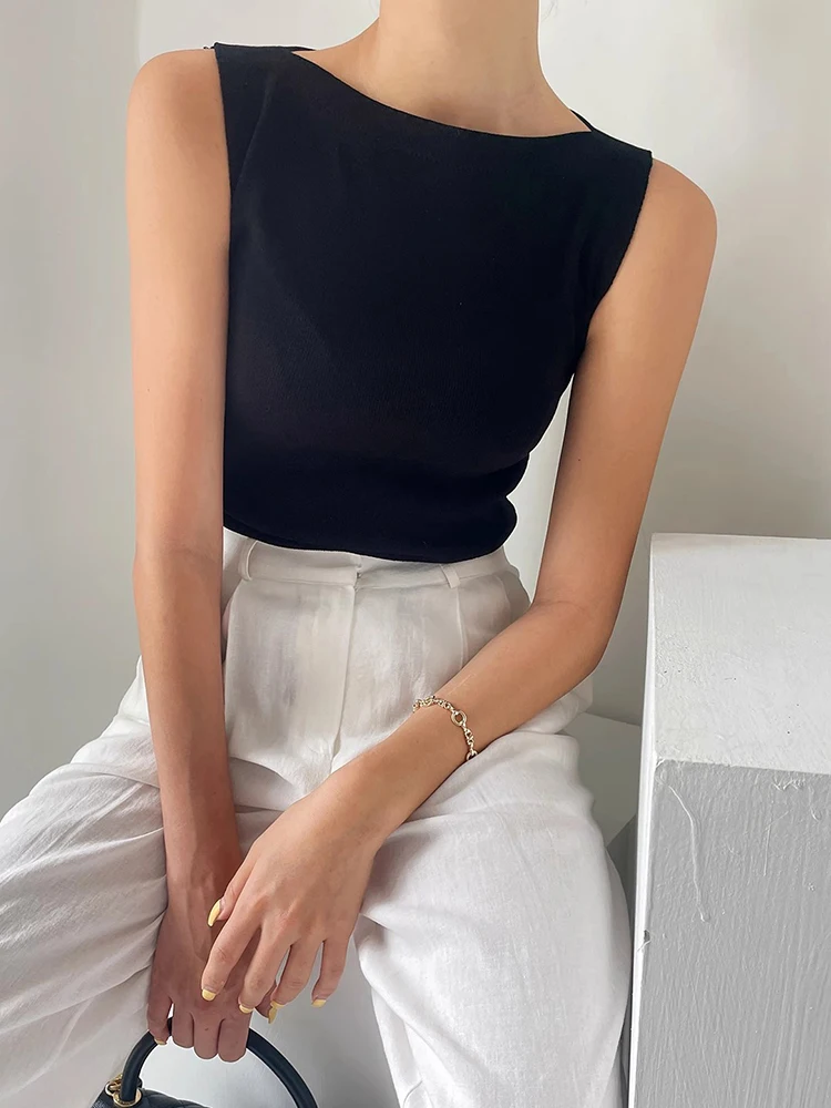 

Chic Summer Svel Knitted Vest Women's Slim Fit Pure Color One-oulder Top Korean Sle Commute Regular Length