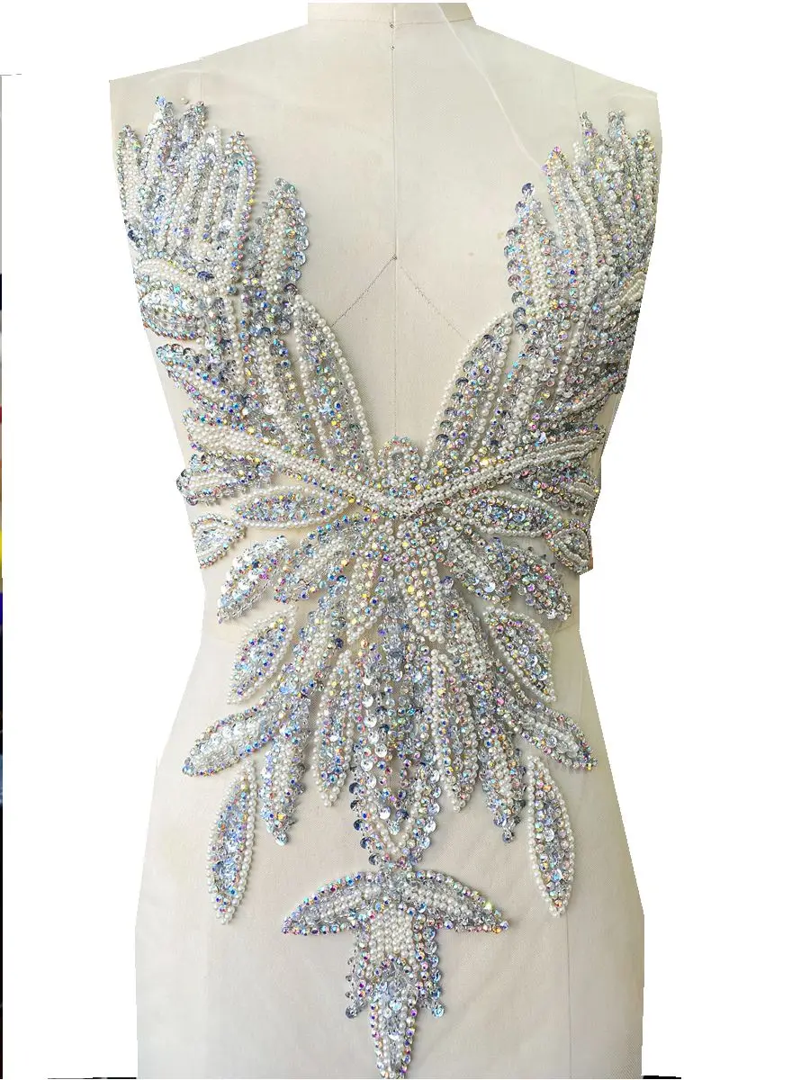 Luxury Beading Mesh Pearls Crystal Deep V Neck Evening Dress Fabrics Cocktail Dress Accessories