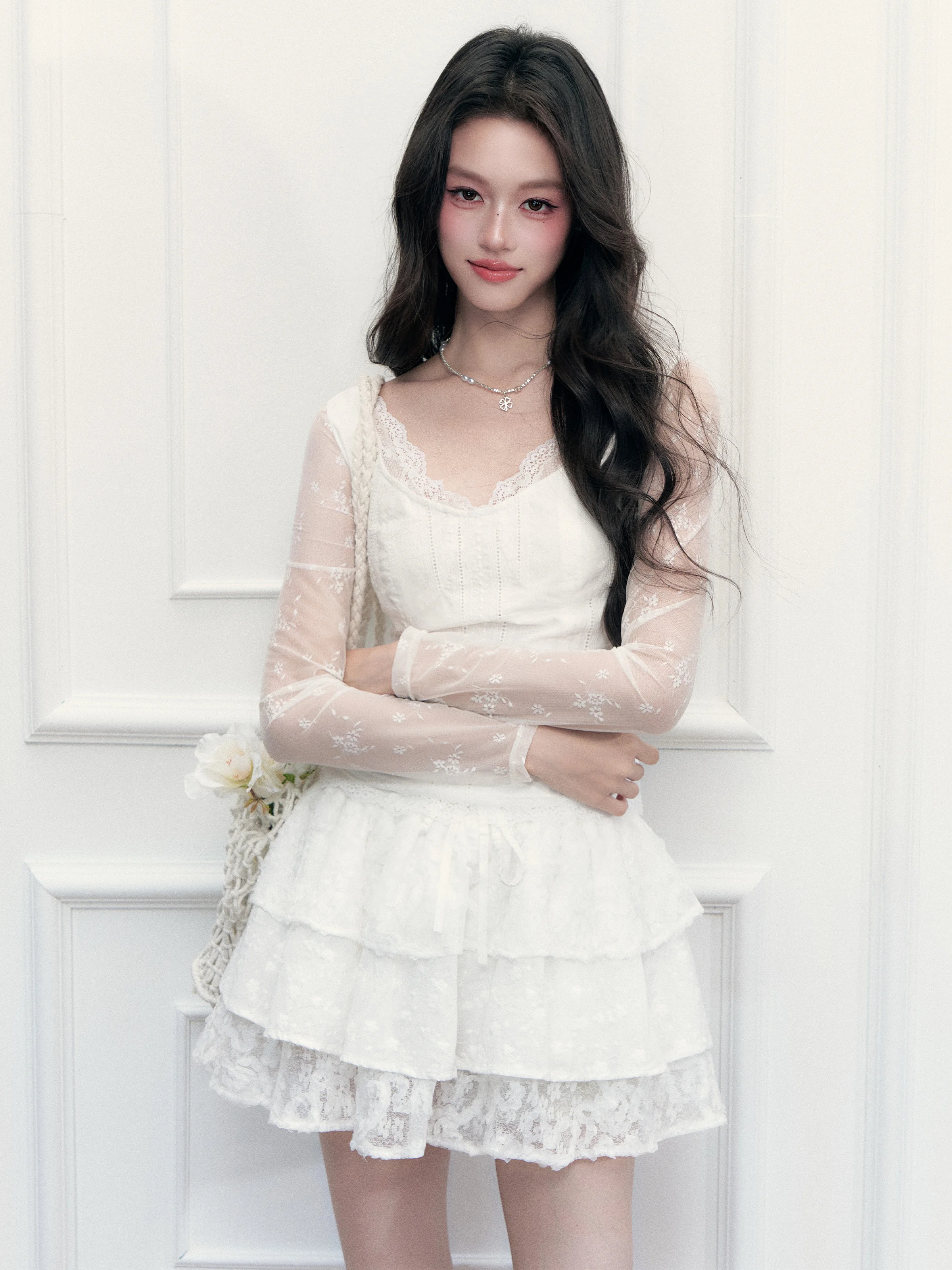 Fragile Heart Lace Embroidered Patchwork Waist-Cinched V-Neck T-Shirt Korean Style Long Sleeve Cotton Breathable Casual Top