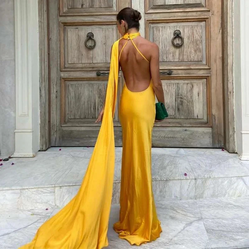 New 2024 Women\'s Temperament Slim Evening Dress Sexy Halter Patchwork Satin Long Dress Fashion Hollow Out Sleeveless Party Dress