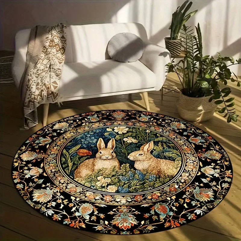 Easter Retro Floral Rabbit Pattern Round Area Rug Bedroom Living Room Garden Decor Living Room Carpet Decorative Floor Mat