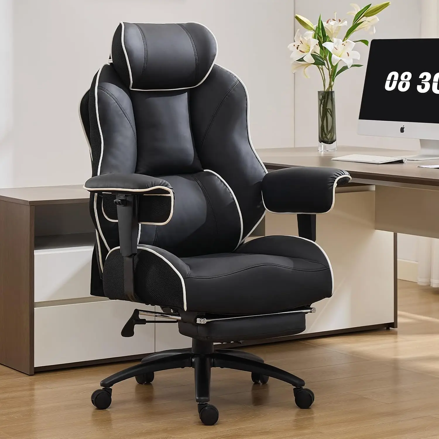 Big & Tall Office Chair with Footrest, High Back PU Leather Ergonomic Lumbar Support, 135° Reclining Spring Cushion, Customized
