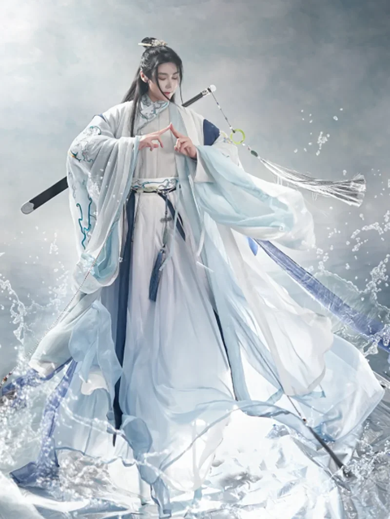 تأثيري حلي الأزرق والأبيض Hanfu ثوب 4 قطعة مجموعة النساء حجم كبير Hanfu الرجال الصينية القديمة Hanfu الذكور هالوين الباحث فارس