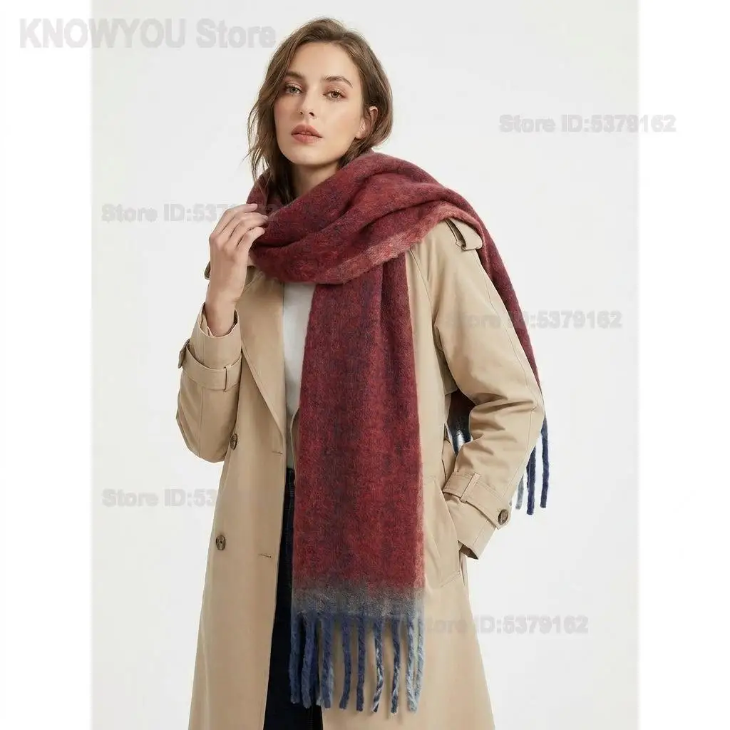 Women Simple Border Solid Color Scarf Faux Cashmere Tassel Shawl Warm Contrast Color Neck Wrap for Autumn Winter Cold Protection