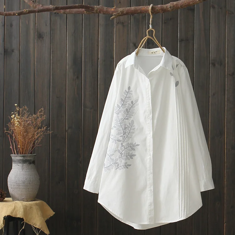 

Women's White Shirt Plus Size Loose Blouse Long Sleeve Shirt Japan Style Cotton Leaves Embroidery Top Harajuku Women Blouses