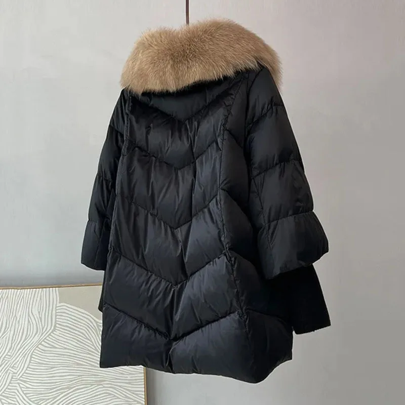 2024 New Womens Winter Coat White Duck Down Jacket With Big Woolen Collar Female Loose Outerwear Fashion Overcoat