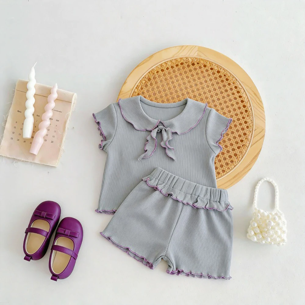 Girls Baby 2Pcs Peter Pan Collar Bow Short Sleeve T-shirts+Shorts Kids Outfit Suits Summer Thin Ribbed Knit Children Clothes Set 6