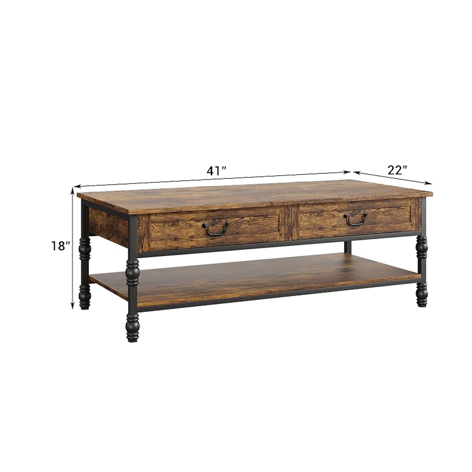 41 Inch Rustic Coffee Table with 2 Drawers, Industrial Wood & Metal Coffee Table with Storage Shelf Cocktail Table for Office
