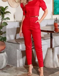 New Fashion 2024 Summer Casual Womens Two Piece Sets Outfit Solid Color Round Neck Bubble Sleeve Top and Pants Set