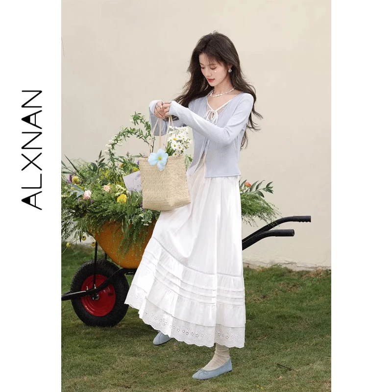 ALXNAN White Long Skirt Women 100% Cotton Hollow Out Embroidery Cake Midi Skirt Elegant Casual Elegant Female Clothing VL52990