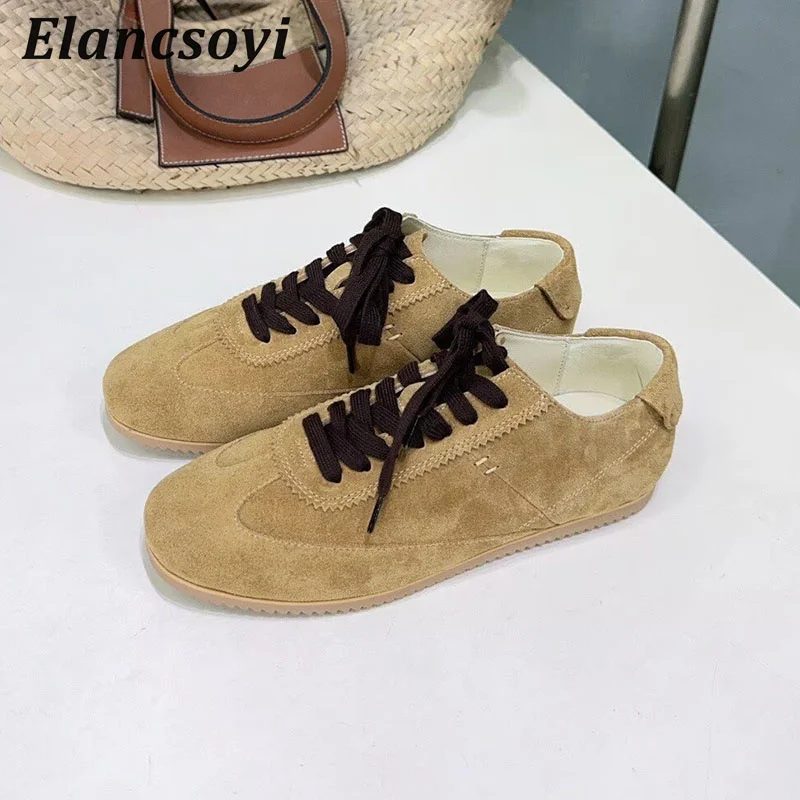 Women's Round Toe Lace Up Suede Flat Sneakers Mixed Color Casual Running Shoes Tennis Shoes Spring Summer Versatile 2026