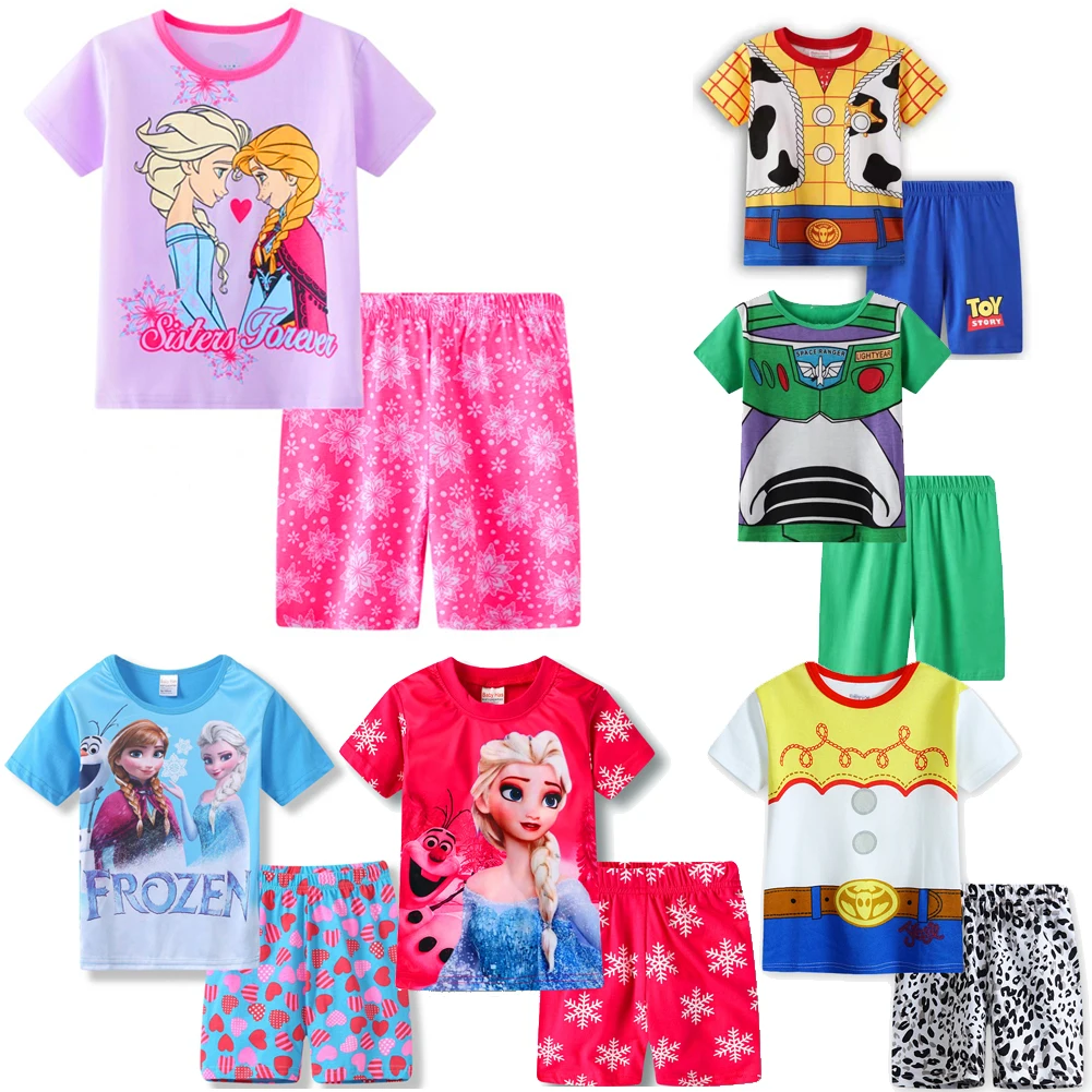 New Summer Children\'s clothing set Baby Girls Boys Set woody Buzz Lightyear Elsa Girl Kids TShirt Shorts Outfits Cotton Clothes