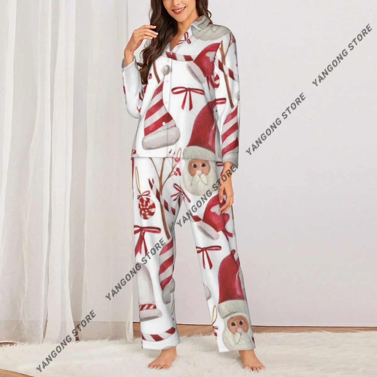 ملابس نوم نسائية ملابس نوم لحلوى عيد الميلاد وقفازات وأشرطة وأكمام طويلة ورقبة على شكل طية صدر السترة ومجموعة بيجامات بخصر مطاطي #2