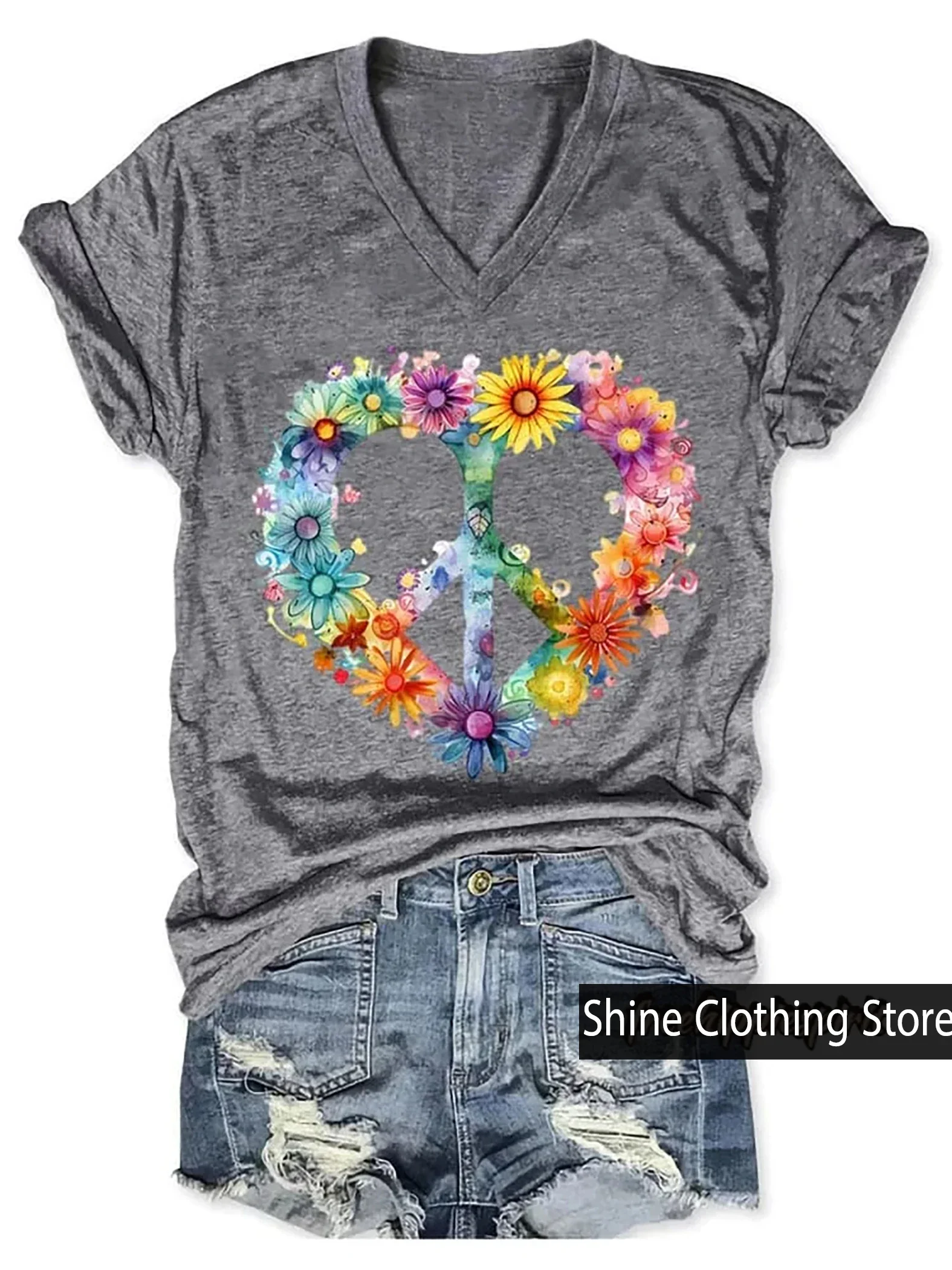 New Arrivals Women's Floral Peace And Love Art Print V-neck Casual T-Shirt Size S to 5XL