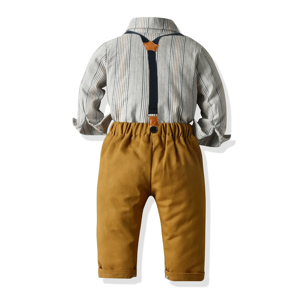 Autumn Boy Outfit Striped Long Sleeve Shirt with Solid Pants Strap Set Children 1 2 3 4 5 6 7Y Kid Birthday Costume Clothes Suit