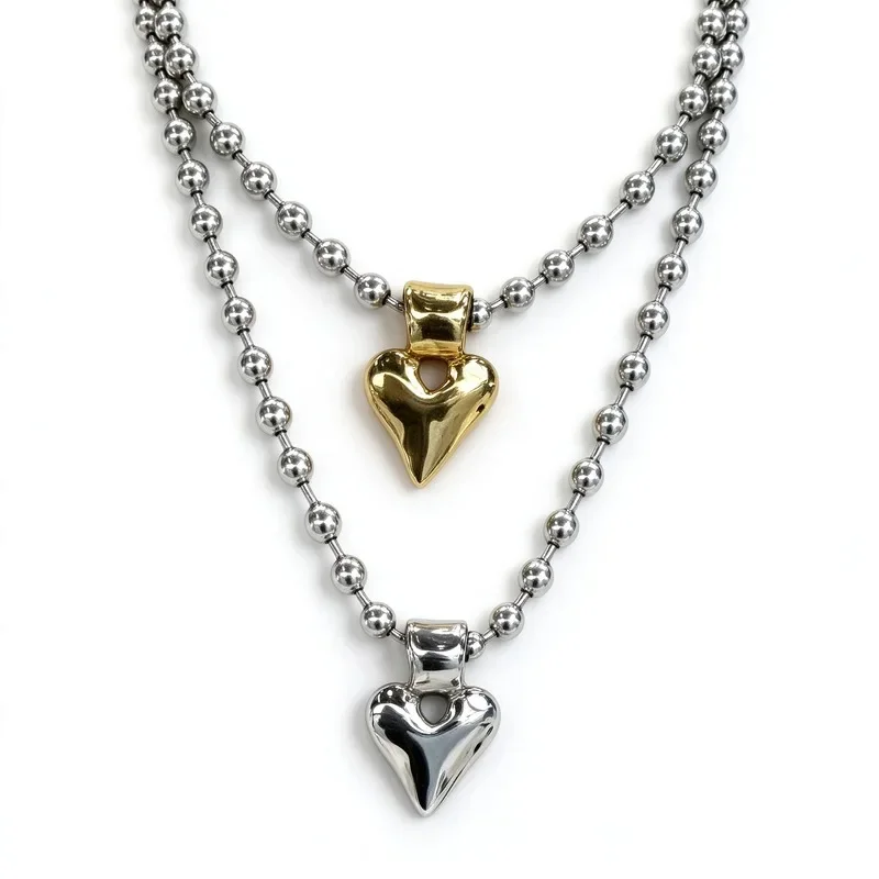Stacked Bead Necklaces with Heart Pendants, Two Layer Silver Tone Design, 50cm Length, High Quality Alloy, Hypoallergenic, Polished Mirror Finish, Layered Statement Jewelry for Women, Best Gift for Her, Elegant Design, Easy to Match, Comfortable Fit, Nice